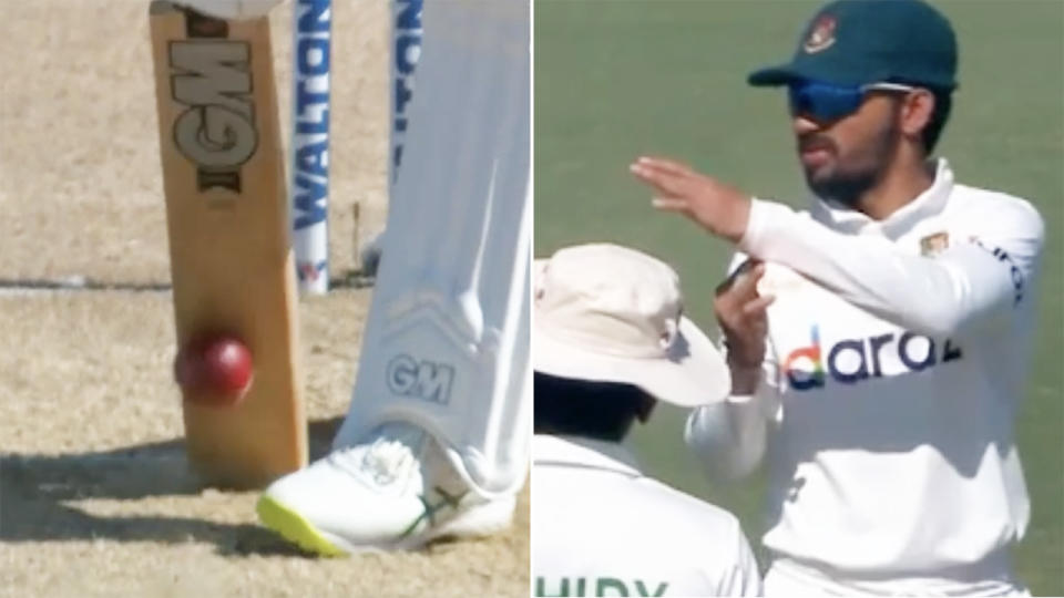 Bangladesh were roundly mocked for their decision to review this delivery to Ross Taylor, which the Kiwi batsman clearly hit out of the middle of the bat. Pictures: Fox Cricket