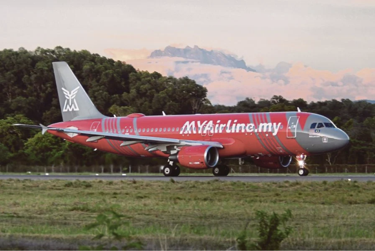 A picture of an MYAirline budget plane about to take off.