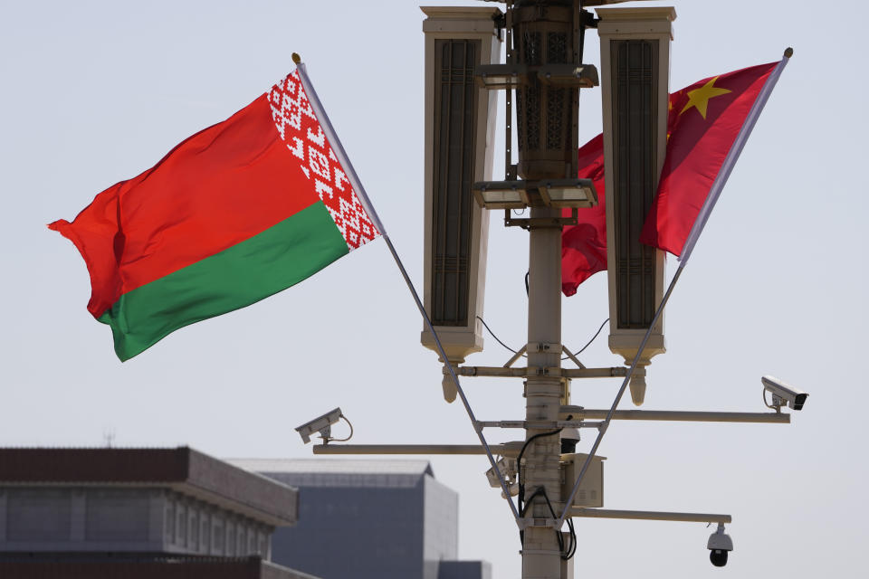 The Belarusian flag is flown near the Chinese flag on Tiananmen Square in Beijing, Wednesday, March 1, 2023. Belarusian President Alexander Lukashenko, a close ally of Russian leader Vladimir Putin, has arrived in Beijing on a three-day state visit. (AP Photo/Ng Han Guan)