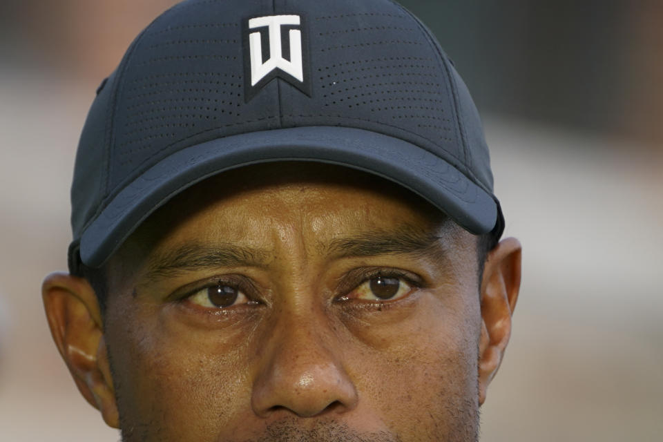 Tiger Woods is interviewed during practices before the U.S. Open Championship golf tournament at Winged Foot Golf Club, Tuesday, Sept. 15, 2020, in Mamaroneck, N.Y. (AP Photo/John Minchillo)