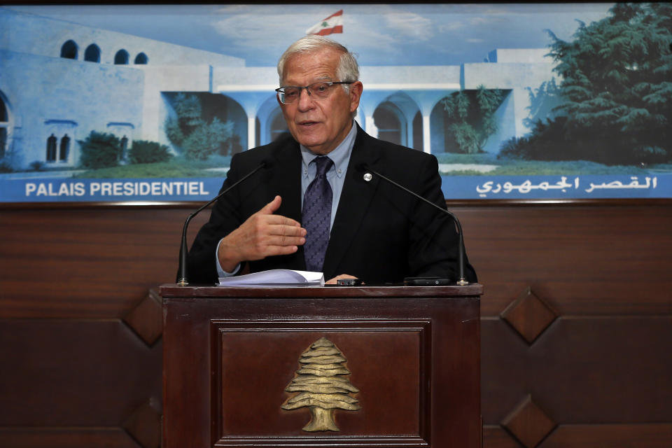 European Union foreign policy chief Josep Borrell, speaks during a press conference after his meeting with Lebanese President Michel Aoun at the Presidential Palace in Baabda, east of Beirut, Lebanon, Saturday, June. 19, 2021. Borrell berated Lebanese politicians for delays in forming a new Cabinet, warning the union could impose sanctions on those behind the political stalemate in the crisis-hit country. (AP Photo/Bilal Hussein)