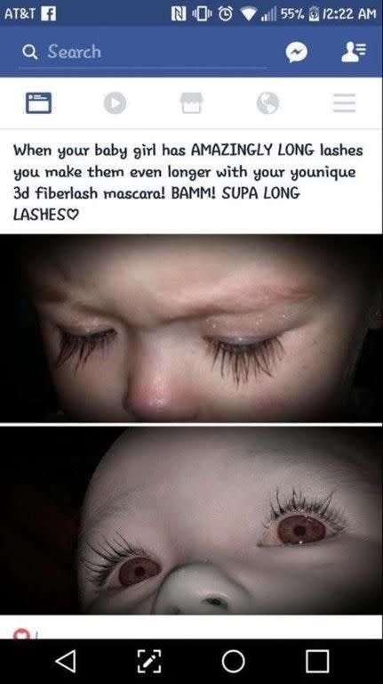 A mother posted these photos of her girl wearing mascara. Photo: Reddit