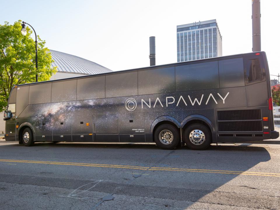 The exterior of the Napaway coach on a bright cloudless day.