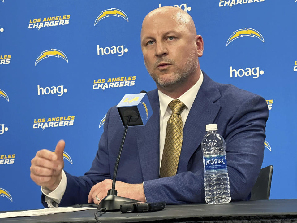 Los Angeles Chargers general manager Joe Hortiz answers questions during his introductory news conference, Tuesday, Feb. 6, 2024 at the Chargers Hoag Performance Center in Costa Mesa, Calif. Hortiz comes to the Chargers after 26 years with the Baltimore Ravens, recently as the director of player personnel. (AP Photo/Joe Reedy)