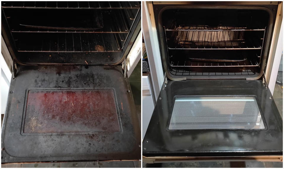 Tara’s before and after photos of her oven. Photo: Facebook/Mums who Clean