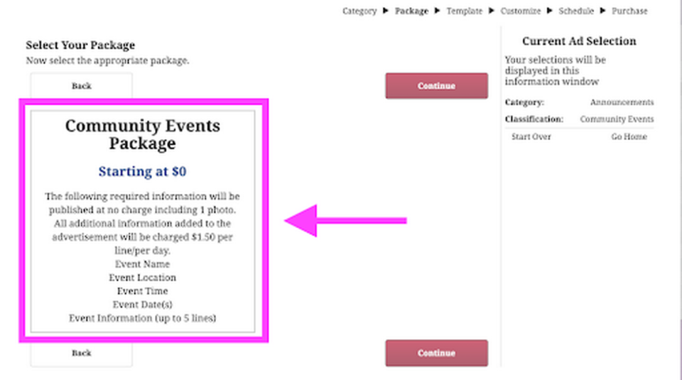  Locate the box labeled “Community Events Package” and read the requirements for posting a notice for a local bulletin