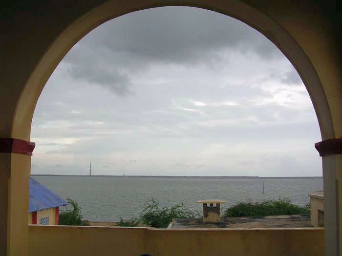 A view from Kothandaramaswamy Temple, located 12 km from Rameswaram. Popular belief goes that Vibishana, brother of the demon king Ravana of Lanka, surrendered before Lord Rama here. The mythological importance assigned to this town is that when Lord Rama returned to India after vanquishing Ravana, Vibhishana pleaded with him to break the setu (bridge) so that no other armies would use it. Rama acquiesced to his request and broke the Indian side of the bridge with the end of his bow. This place came to be known as Dhanushkodi (Dhanush is 'bow' and kodi is 'end' in Tamil) and remains to this day a holy place for Hindus.