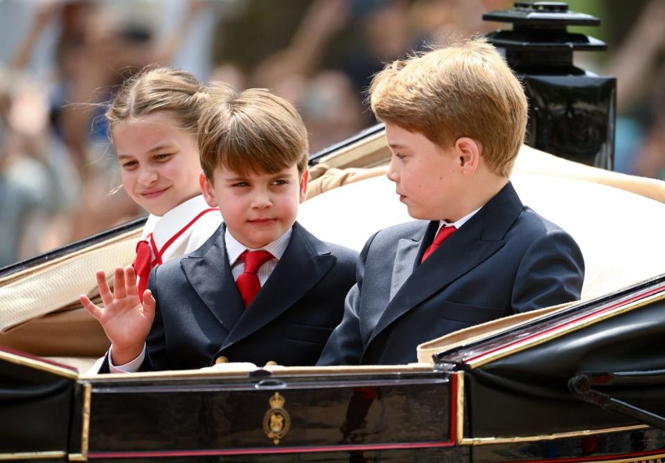 london, england june 17 princess charlotte of wales, prince louis of wales and prince louis of wales are seen during trooping the colour on june 17, 2023 in london, england trooping the colour is a traditional parade held to mark the british sovereigns official birthday it will be the first trooping the colour held for king charles iii since he ascended to the throne photo by karwai tangwireimage