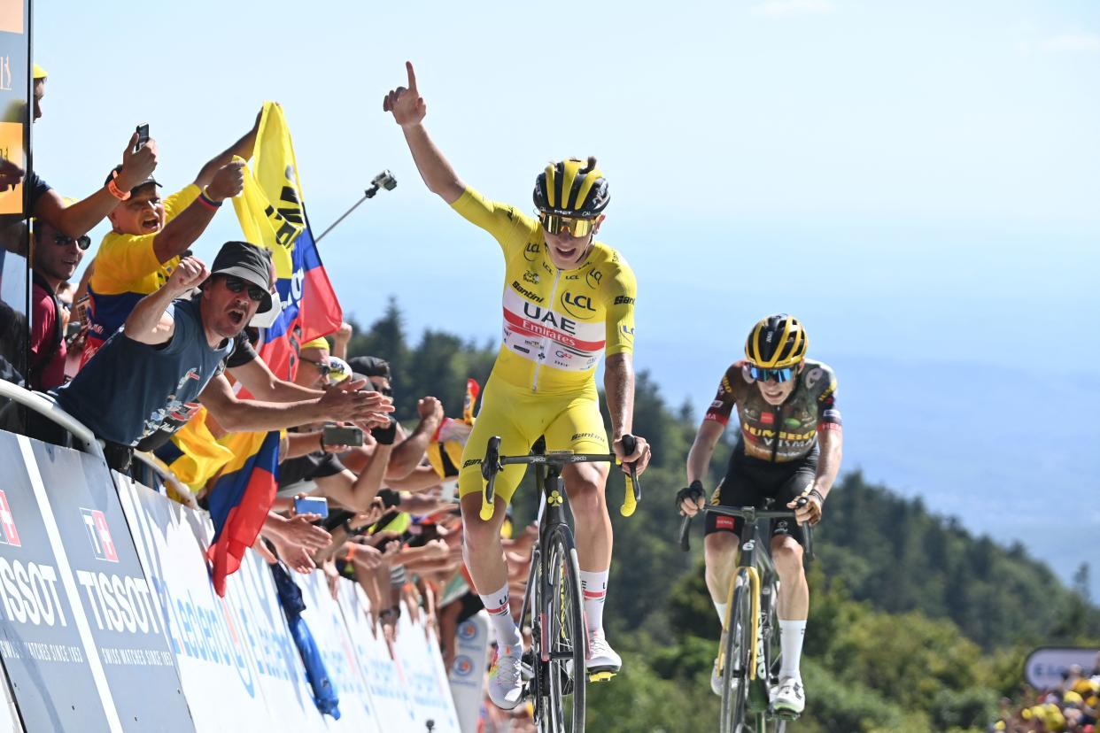 Slovenian Tadej Pogacar of UAE Team Emirates celebrates after winning stage seven of the Tour de France cycling race, a 176 km race from Tomblaine to La Super Planche des Belles Filles, France, on Friday 08 July 2022. This year's Tour de France takes place from 01 to 24 July 2022. BELGA PHOTO POOL DAVID STOCKMAN - UK OUT (Photo by DAVID STOCKMAN / BELGA MAG / Belga via AFP) (Photo by DAVID STOCKMAN/BELGA MAG/AFP via Getty Images)