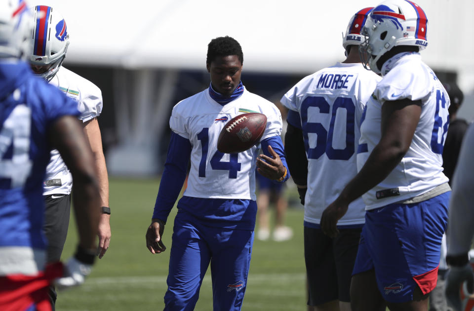 Buffalo Bills wide receiver Stefon Diggs (14) warms up during NFL football training camp in Orchard Park, N.Y., Friday, Aug. 21, 2020. (James P. McCoy/The Buffalo News via AP, Pool)