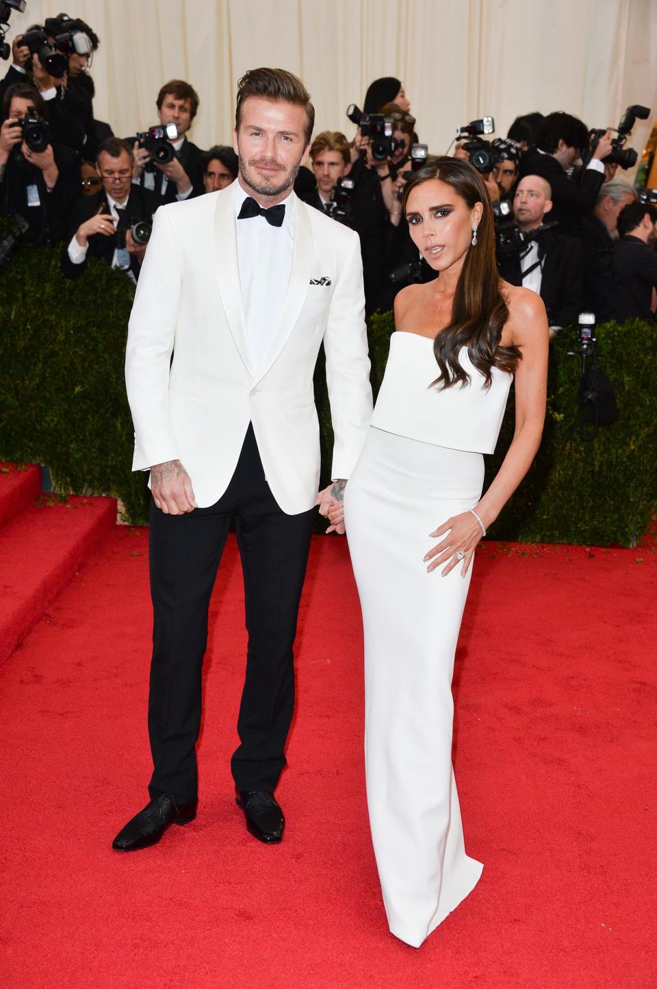 David Beckham and Victoria Beckham at the Met Gala on May 5, 2014 in New York City.