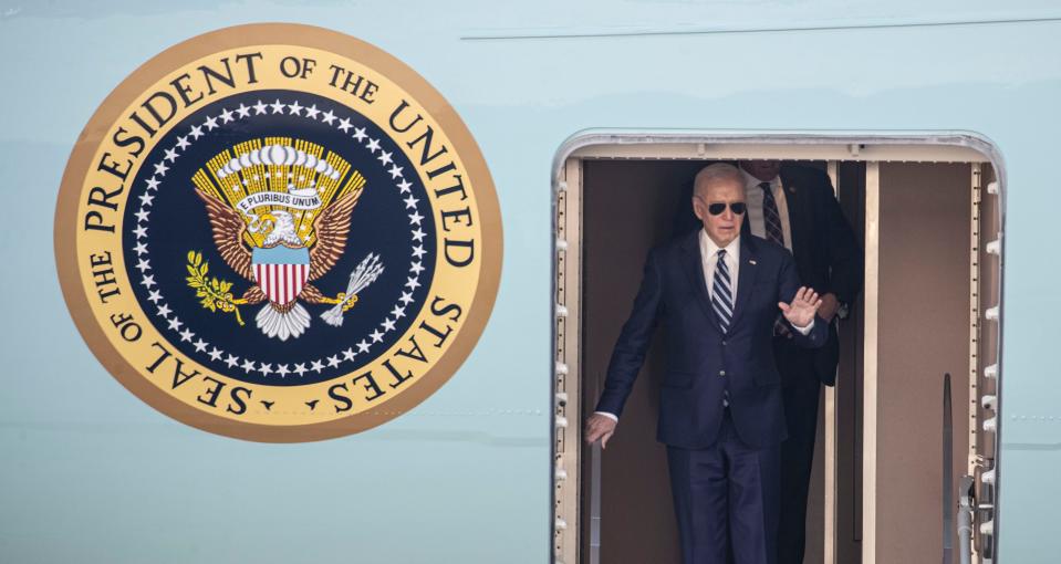 President Joe Biden departs Air Force One at John F. Kennedy International Airport in New York City April 25, 2024. Biden was in the New York City area to attend a private fundraising event at the home of actors Michael Douglas and Catherine Zeta-Jones in New York City suburb of Irvington, New York. (Via OlyDrop)