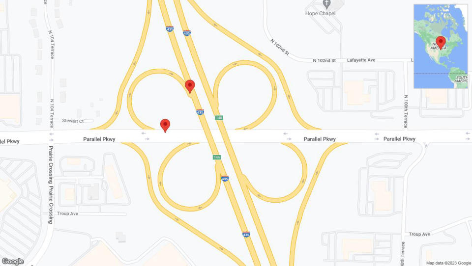 A detailed map that shows the affected road due to 'Warning: Crash on Parallel Parkway in Kansas City' on December 27th at 12:49 p.m.