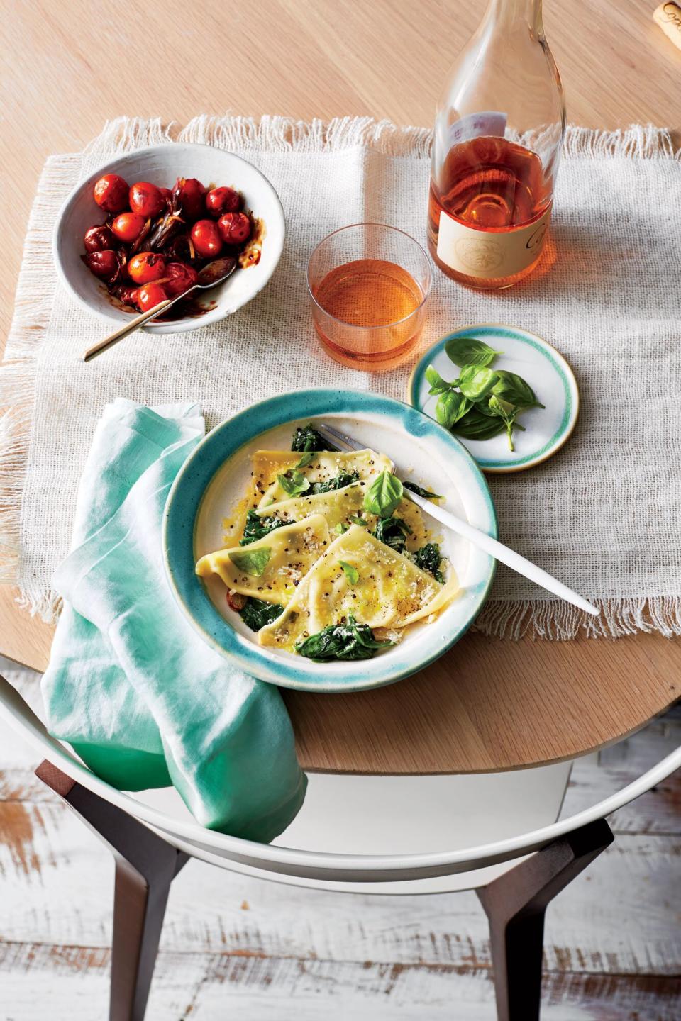 July: Basil-Ricotta Ravioli with Spinach