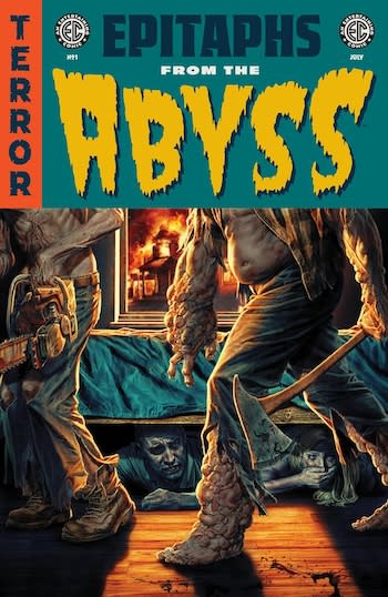 Epitaphs from the Abyss is the cover for the first issue of the horror comic, showing a man hiding under a bed as creatures walk past, wielding a chainsaw and an ax.