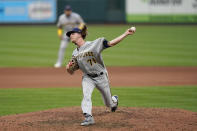 Milwaukee Brewers relief pitcher Josh Hader throws during the seventh inning in the first game of a baseball doubleheader against the St. Louis Cardinals Friday, Sept. 25, 2020, in St. Louis. (AP Photo/Jeff Roberson)