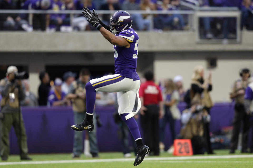 Minnesota Vikings outside linebacker Anthony Barr celebrates after a tackle during the second half of an NFL football game against the Miami Dolphins, Sunday, Dec. 16, 2018, in Minneapolis. (AP Photo/Andy Clayton-King)