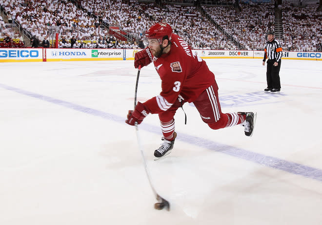 GLENDALE, AZ - APRIL 27: Keith Yandle #3 of the Phoenix Coyotes shoots the puck against the Nashville Predators in Game One of the Western Conference Semifinals during the 2012 NHL Stanley Cup Playoffs at Jobing.com Arena on April 27, 2012 in Glendale, Arizona. (Photo by Christian Petersen/Getty Images)