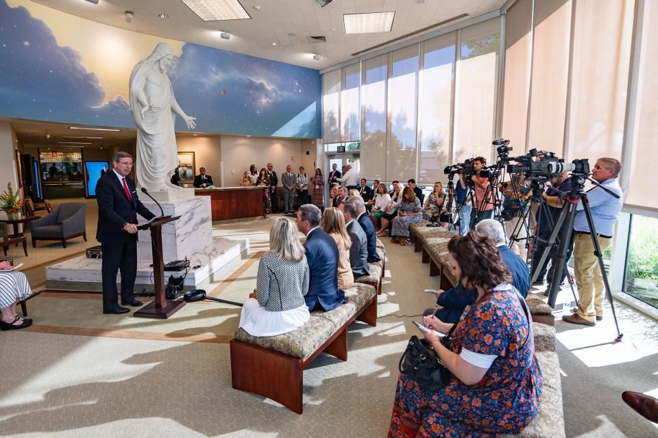 Elder Kevin W. Pearson, left, president of the Utah Area of The Church of Jesus Christ of Latter-day Saints, speaks to members of the media about the significance of the church’s newly renovated St. George Utah Temple on Wednesday, Sept. 6, 2023, in St. George, Utah. | Nick Adams, for the Deseret News