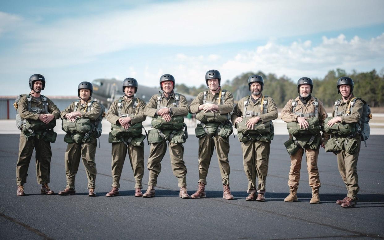 Cast members of Band of Brothers prepare for their parachute jump training at Camp Toccoa in Georgia, USA