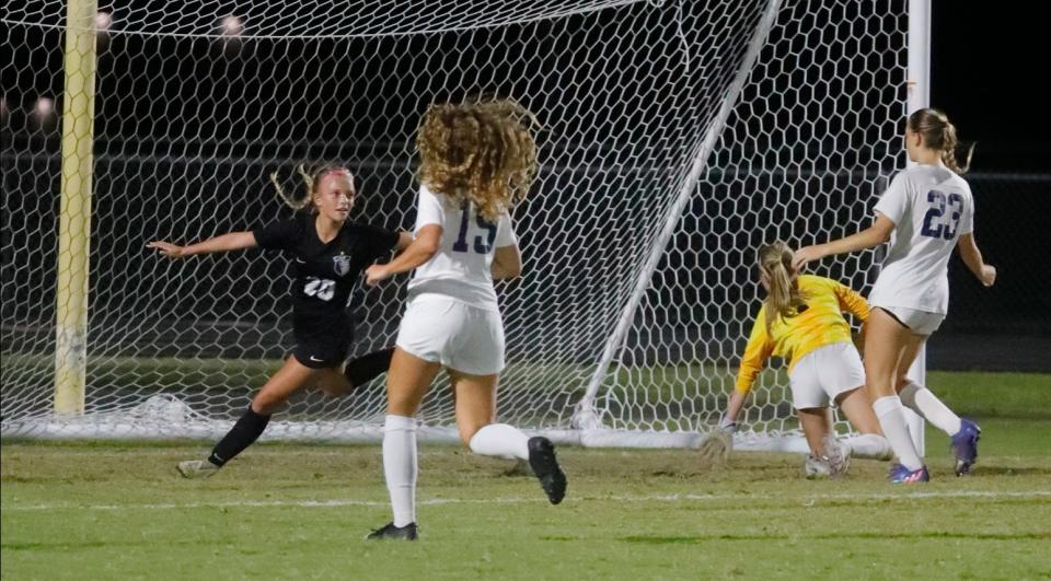 Mariner player Ryleigh Acosta celebrates after scoring a goal. The Mariner High School girls soccer team defeated Naples 2-0 Friday, Feb. 10, 2023, in the regional semi-final game. 