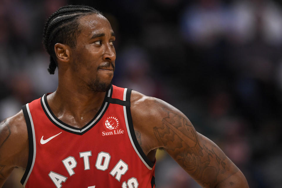 Rondae Hollis-Jefferson (4) of the Toronto Raptors stands on the court during the third quarter against the Denver Nuggets on Sunday, March 1, 2020.