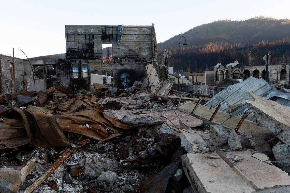 Rubble remains on Friday, Dec. 3, 2021, from a downtown business destroyed by the Dixie Fire in Greenville last summer. The fire destroyed most of the small town in Plumas County.