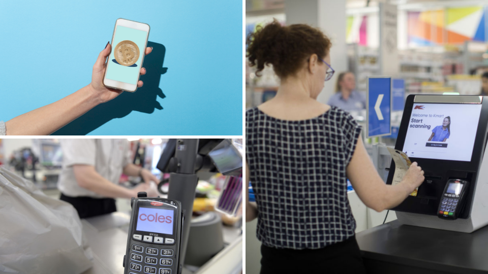Image of Bitcoin on phone, Coles checkout, Kmart checkout