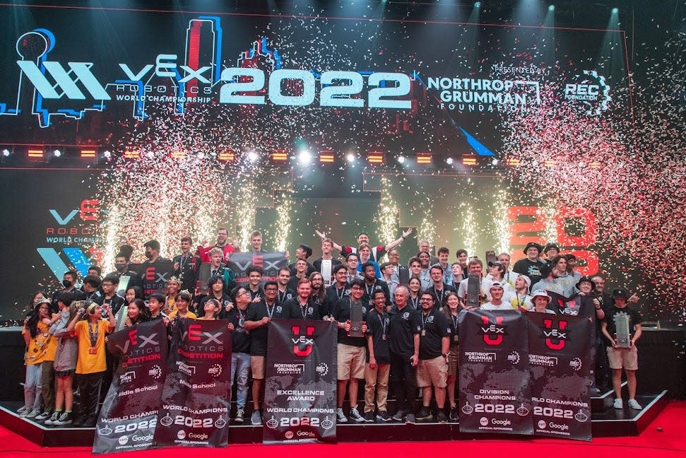 Members of the VEX robotics world competition, including Purdue's SIGBots team, at the end of the May 2022 competition.