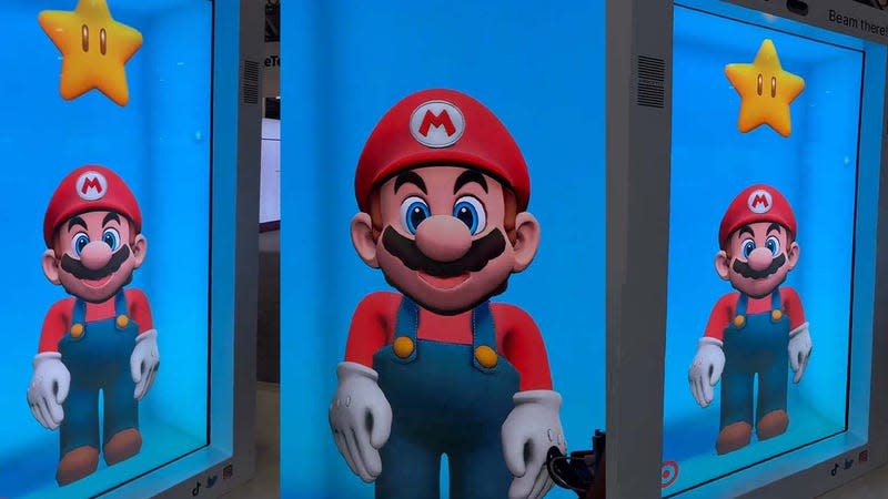 A collage of screenshots shows off the weird Mario hologram at CES 2024. 