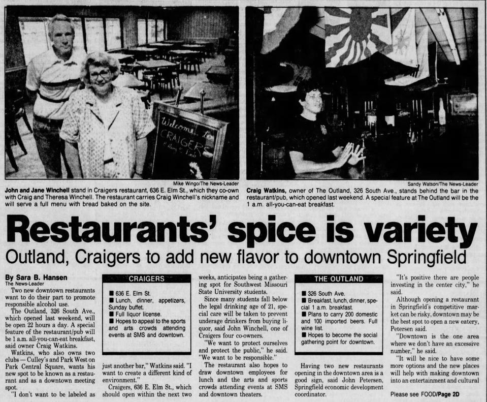 A newspaper clipping about the opening of The Outland, a restaurant and pub, from the News-Leader on Sept. 16, 1991.