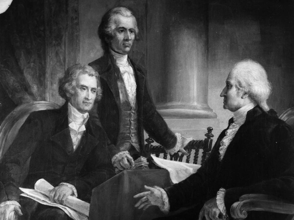 George Washington, Thomas Jefferson, and Alexander Hamilton in a portrait together, circa 1795.