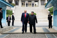 <p>Trump <a href="https://people.com/politics/trump-becomes-first-us-president-to-step-foot-in-north-korea/" rel="nofollow noopener" target="_blank" data-ylk="slk:becomes the first U.S. president;elm:context_link;itc:0;sec:content-canvas" class="link ">becomes the first U.S. president</a> to set foot in North Korea on June 30, 2019, with dictator Kim Jong Un at his side. </p> <p>The moment marked the pair's third meeting, and was widely criticized by Democrats for <a href="https://people.com/politics/trump-becomes-first-us-president-to-step-foot-in-north-korea/" rel="nofollow noopener" target="_blank" data-ylk="slk:glamorizing the dictator;elm:context_link;itc:0;sec:content-canvas" class="link ">glamorizing the dictator</a> and not accomplishing denuclearization. It was later revealed that Trump and the authoritarian leader exchanged more than two-dozen letters during the president's tenure, <a href="https://people.com/politics/read-the-love-letters-donald-trump-traded-with-north-korean-dictator-kim-jong-un/" rel="nofollow noopener" target="_blank" data-ylk="slk:complimenting each other's leadership styles;elm:context_link;itc:0;sec:content-canvas" class="link ">complimenting each other's leadership styles</a>. Days before the end of Trump's term in January 2021, however, Kim Jong Un <a href="https://www.nbcnews.com/news/world/north-korea-s-kim-threatens-build-more-nukes-bring-u-n1253625" rel="nofollow noopener" target="_blank" data-ylk="slk:declared the United States North Korea's "arch-enemy.";elm:context_link;itc:0;sec:content-canvas" class="link ">declared the United States North Korea's "arch-enemy."</a></p>