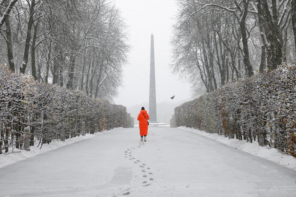 A woman walks in a snow-covered park during the first snowfall, amid Russia's attack in Ukraine, in Kyiv (REUTERS)