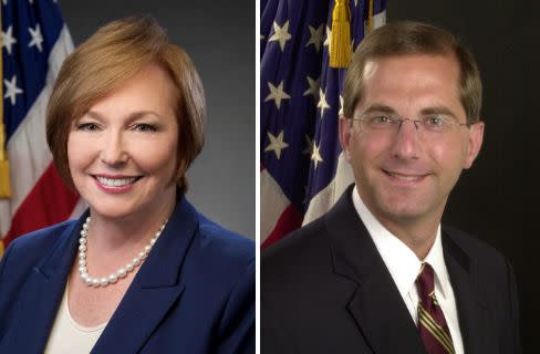 Former CDC Director Brenda Fitzgerald, left, was paid $197,300, while HHS Secretary Alex Azar, right, is currently paid $199,700. (Photo: handouts)