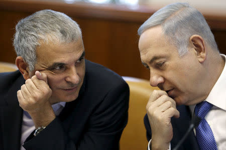 Israeli Prime Minister Benjamin Netanyahu (R) speaks with Finance Minister Moshe Kahlon during the weekly cabinet meeting in Jerusalem January 31, 2016. REUTERS/Amir Cohen/File Photo