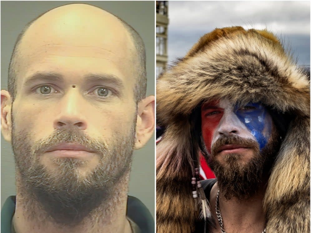 <p>Jacob Anthony Chansley in police custody (right) and at the Capitol riots on 6 January (left)</p> ((Alexandria Sheriff’s Office))