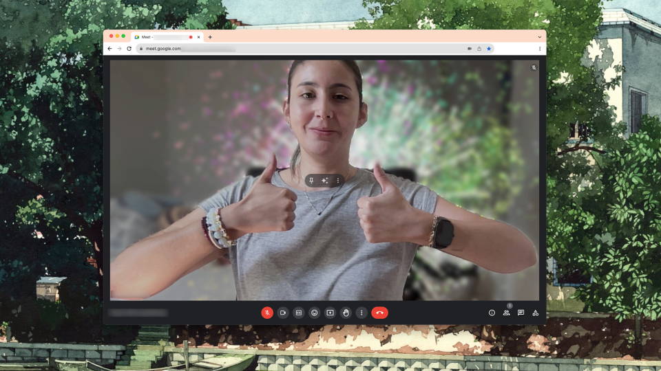 Person triggering animated reactions with hand gestures on Google Meet