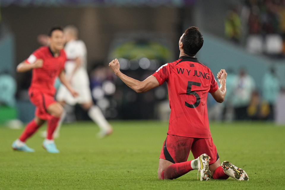 South Korea's Jung Woo-young celebrates after his team's 2-1 victory over Portugal at the end of the World Cup group H soccer match between South Korea and Portugal, at the Education City Stadium in Al Rayyan, Qatar, Friday, Dec. 2, 2022. (AP Photo/Ariel Schalit)