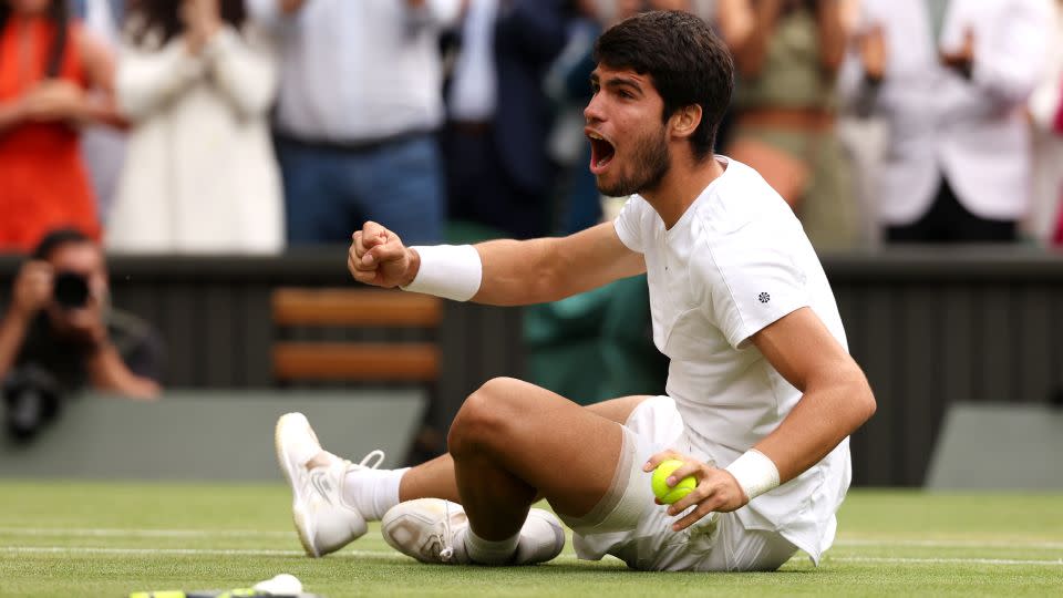 Alcaraz celebrates after beating Djokovic. - Julian Finney/Getty Images