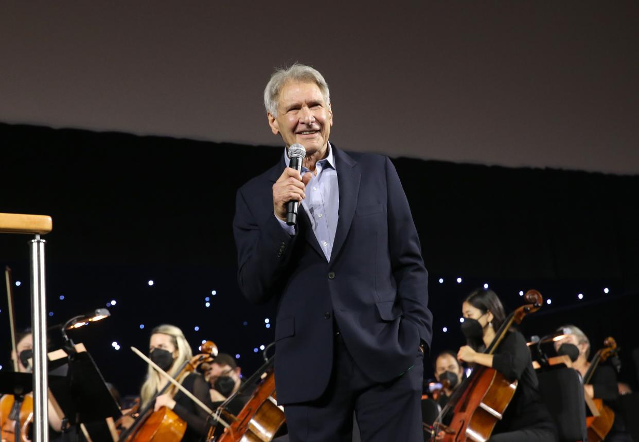 ANAHEIM, CALIFORNIA - MAY 26: Harrison Ford of the upcoming fifth installment of the “Indiana Jones” franchise honors composer John Williams on his 90th birthday at Star Wars Celebration in Anaheim, California on May 26, 2022. (Photo by Jesse Grant/Getty Images for Disney)