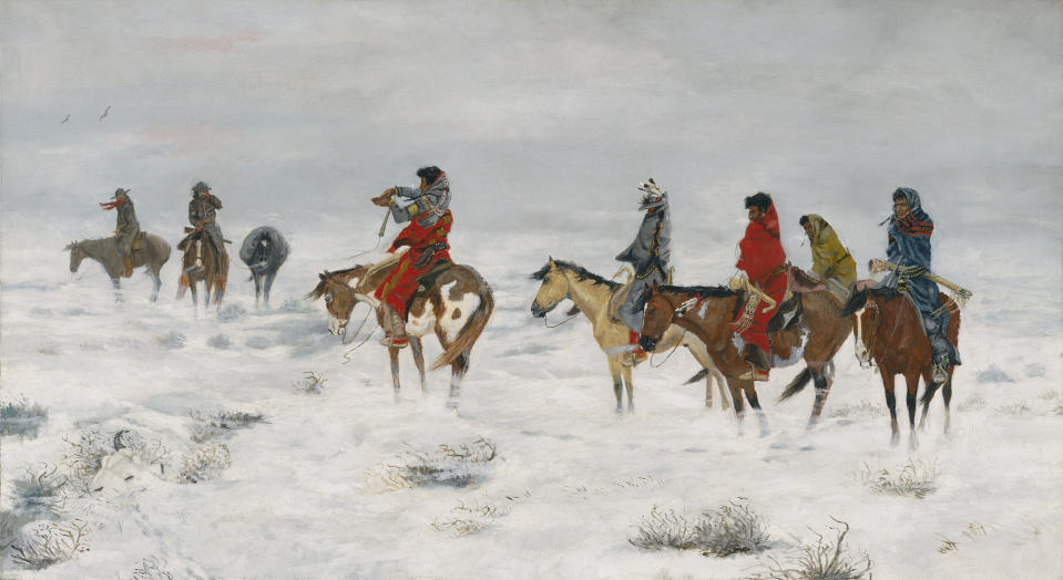 This undated photo provided by the Amon Carter Museum of American Art, shows Charles M. Russell's, Lost in a Snowstorm. The painting will be included in an exhibit opening next year at the Dallas Museum of Art that will feature almost all of the works of art gathered from museums and prominent Fort Worth citizens for the hotel suite John F. Kennedy and first lady Jacqueline Kennedy stayed in the night before he was assassinated. (AP Photo/ Amon Carter Museum of American Art)
