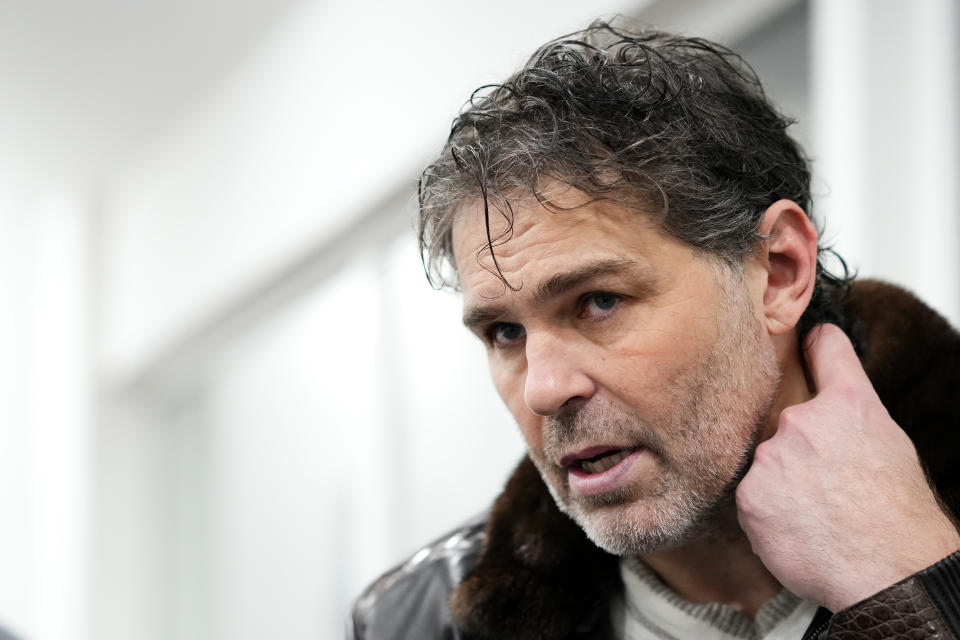 Jaromir Jagr answers a question during an interview with The Associated Press in Kladno, Czech Republic, Thursday, Feb. 8, 2024. In his 36th season as a professional hockey player, Jagr will take a short break from the Czech league this week and travel to Pittsburgh, where he made his name in the NHL with the Penguins and where his No. 68 jersey will be retired at a ceremony on Sunday. Then it’s quickly back to the Czech Republic to prepare for the next game with the Kladno Knights, who are struggling in last place in the domestic league after a 17-game losing streak. (AP Photo/Petr David Josek)