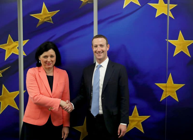 Facebook Chairman and CEO Mark Zuckerberg meets with European Commissioner for Values and Transparency Vera Jourova at the EU Commission headquarters in Brussels