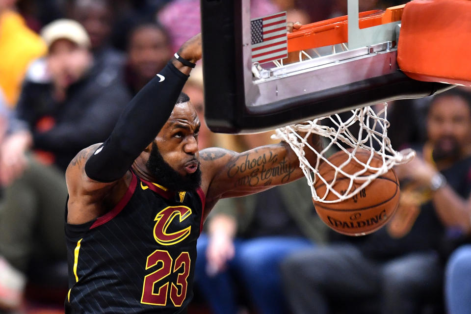 LeBron James Cleveland Cavaliers threw a perfect alley-oop to himself in Game 3 of the NBA Finals on Wednesday night. (Jamie Sabau/Getty Images)