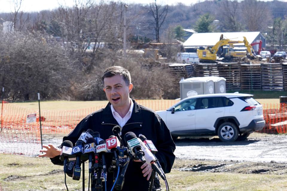 Transportation Secretary Pete Buttigieg speaks during a news conference near the site of the Feb. 3 Norfolk Southern train derailment in East Palestine, Ohio, Thursday, Feb. 23, 2023.