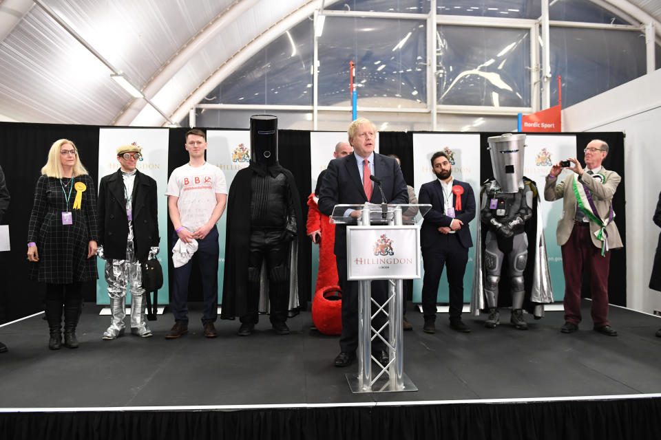 Prime Minister Boris Johnson giving his victory speech after winning the Uxbridge & Ruislip South constituency in the 2019 General Election.