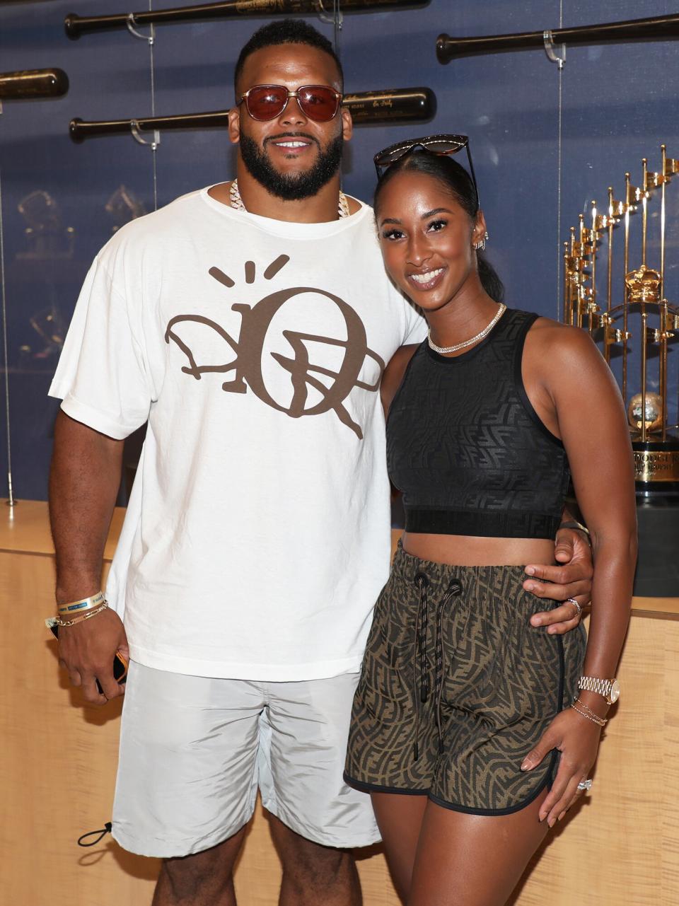 Aaron Donald and Erica Donald attend the 2022 MLB All-Star Week Home Run Derby at Dodger Stadium on July 18, 2022 in Los Angeles, California