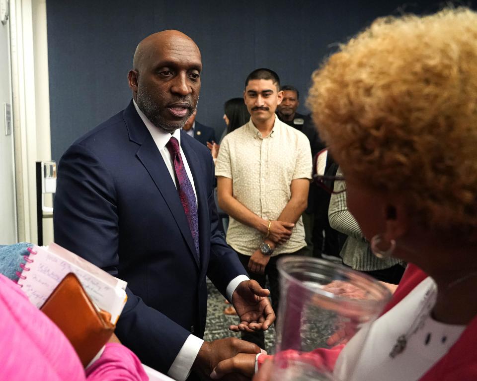 T.C. Broadnax Jr., candidate for Austin City Manager and current City Manager of Dallas, Texas, meets Austin residents after an open town hall at the Permitting and Development Center on Monday, March 25, 2024in Austin.