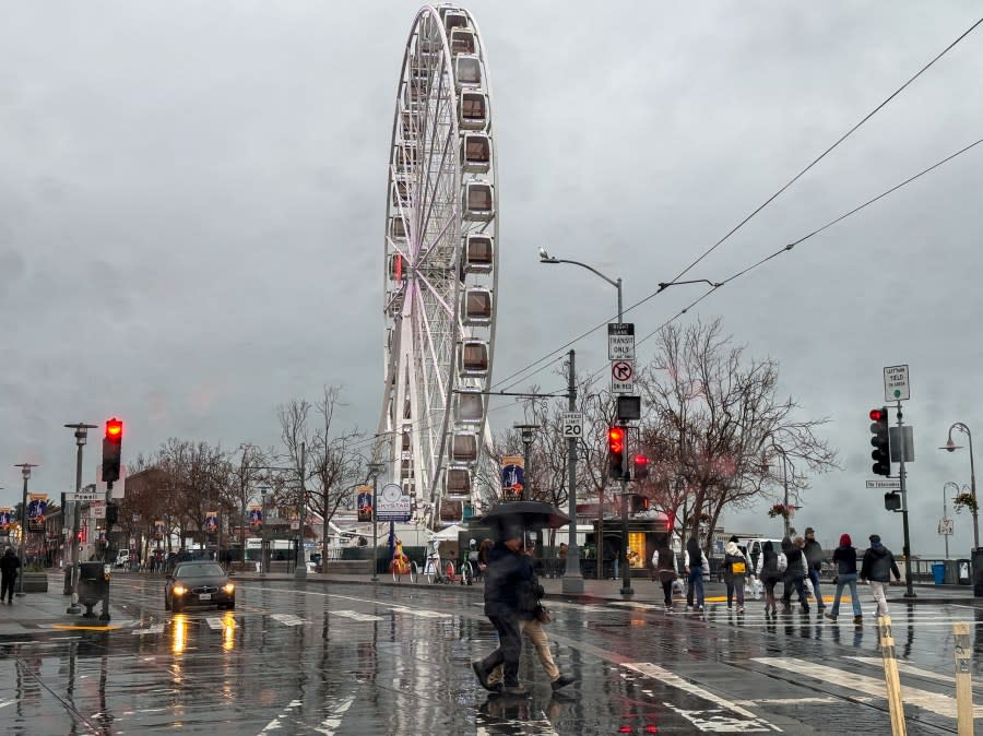 SAN FRANCISCO, CALIFORNIA – FEBRUARY 14: A view of SkyStar Wheel during rainy weather in Fisherman’s Wharf of San Francisco, California, United States on February 14, 2024. (Photo by Tayfun Coskun/Anadolu via Getty Images)